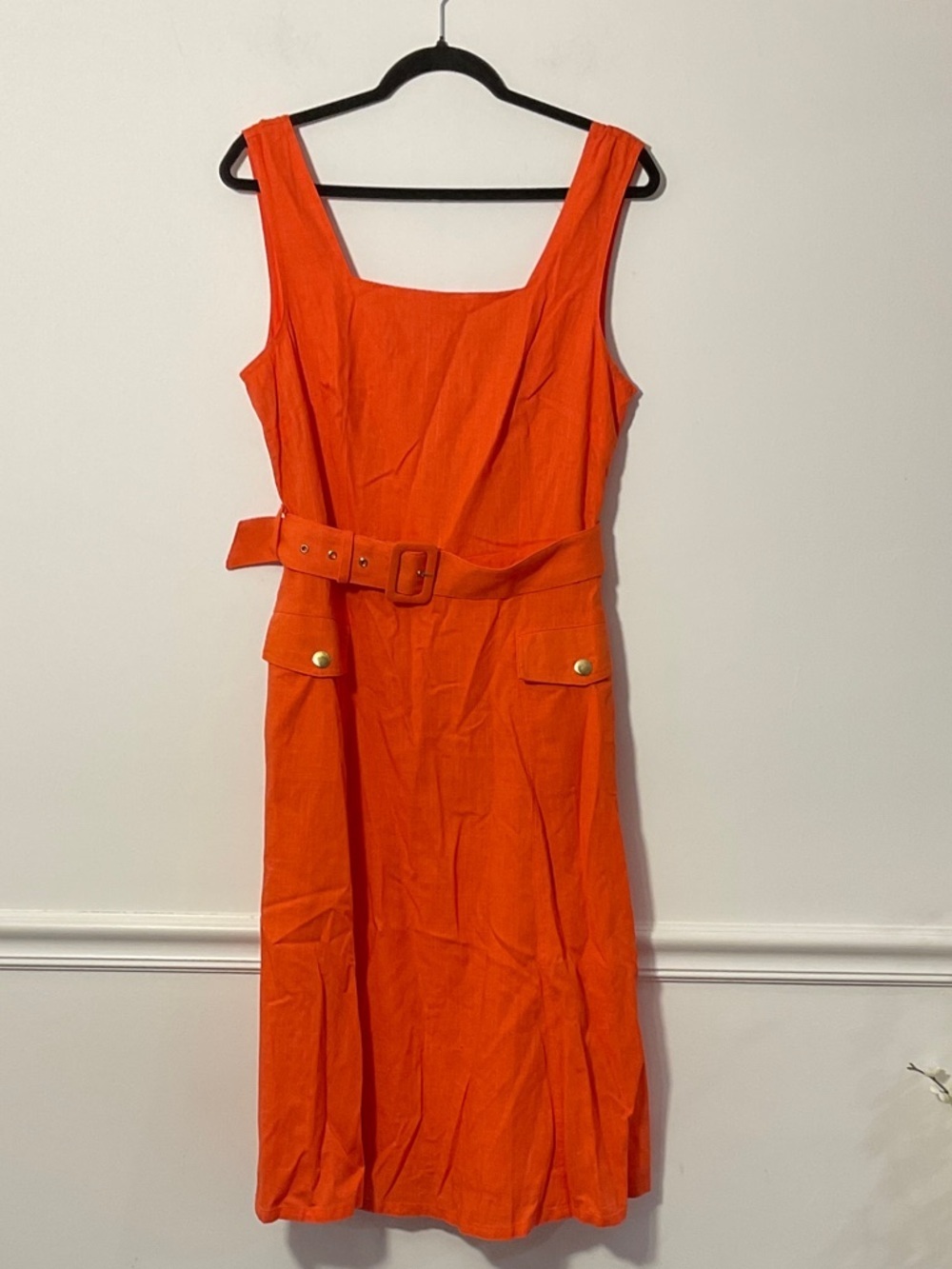 Tahari Bright Orange Sleeveless Belted Midi Dress - Picture 1 of 4